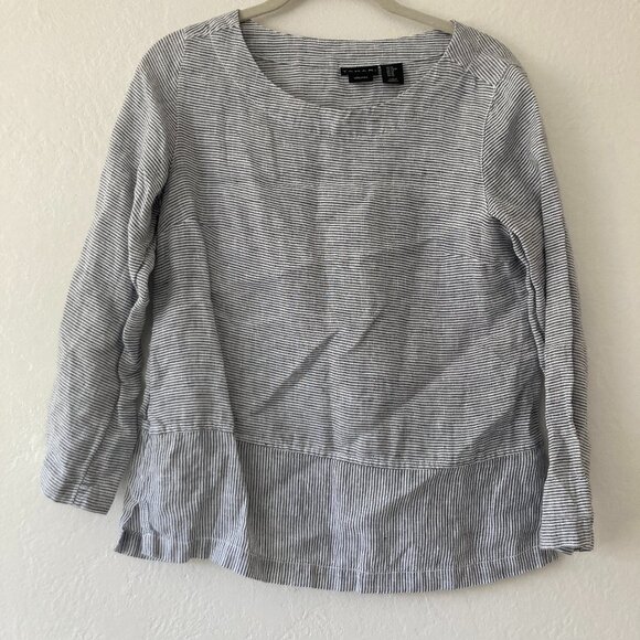 Tahari 100% Linen Striped 3/4 Sleeve Top White Blue Lagenlook Nautical Preppy XS - Picture 1 of 9
